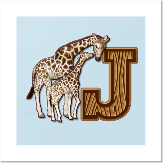 Mom and Baby Giraffe Monogram J Wall Art by AlondraHanley